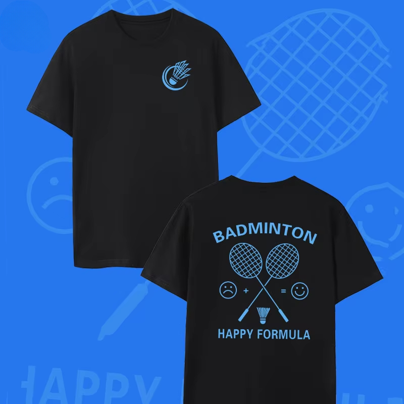 Badminton Asia - แบดมินตันสีดำ HAPPY FORM เสื้อยืดกีฬาผ้าฝ้ายกราฟิกทีชายหญิงฤดูร้อนสตรีทแวร์