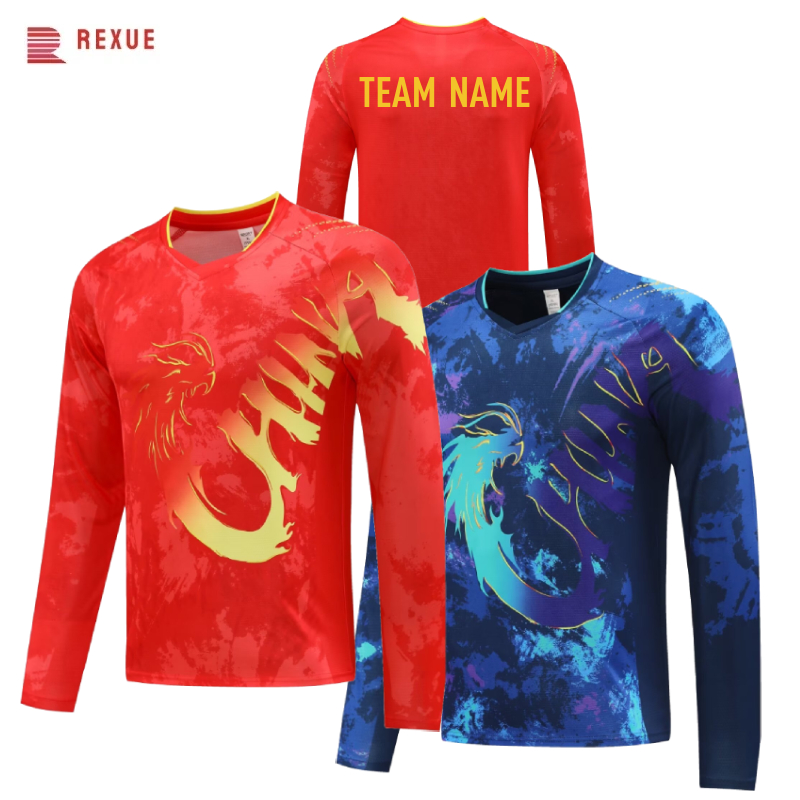 Badminton China - China Dragon แขนยาวตารางเทนนิสเสื้อ 2024 สีแดงสีฟ้าจีนทีมแบดมินตัน Jersey
